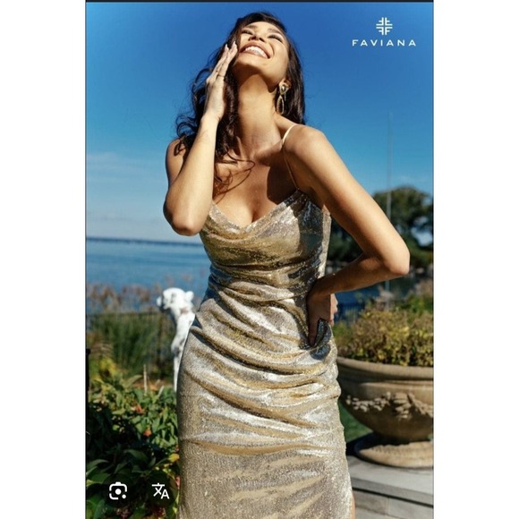 NWT Faviana Glamour Women's Sz 4 Gold Sequin Cowl Neck Maxi Dress Formal  Gown